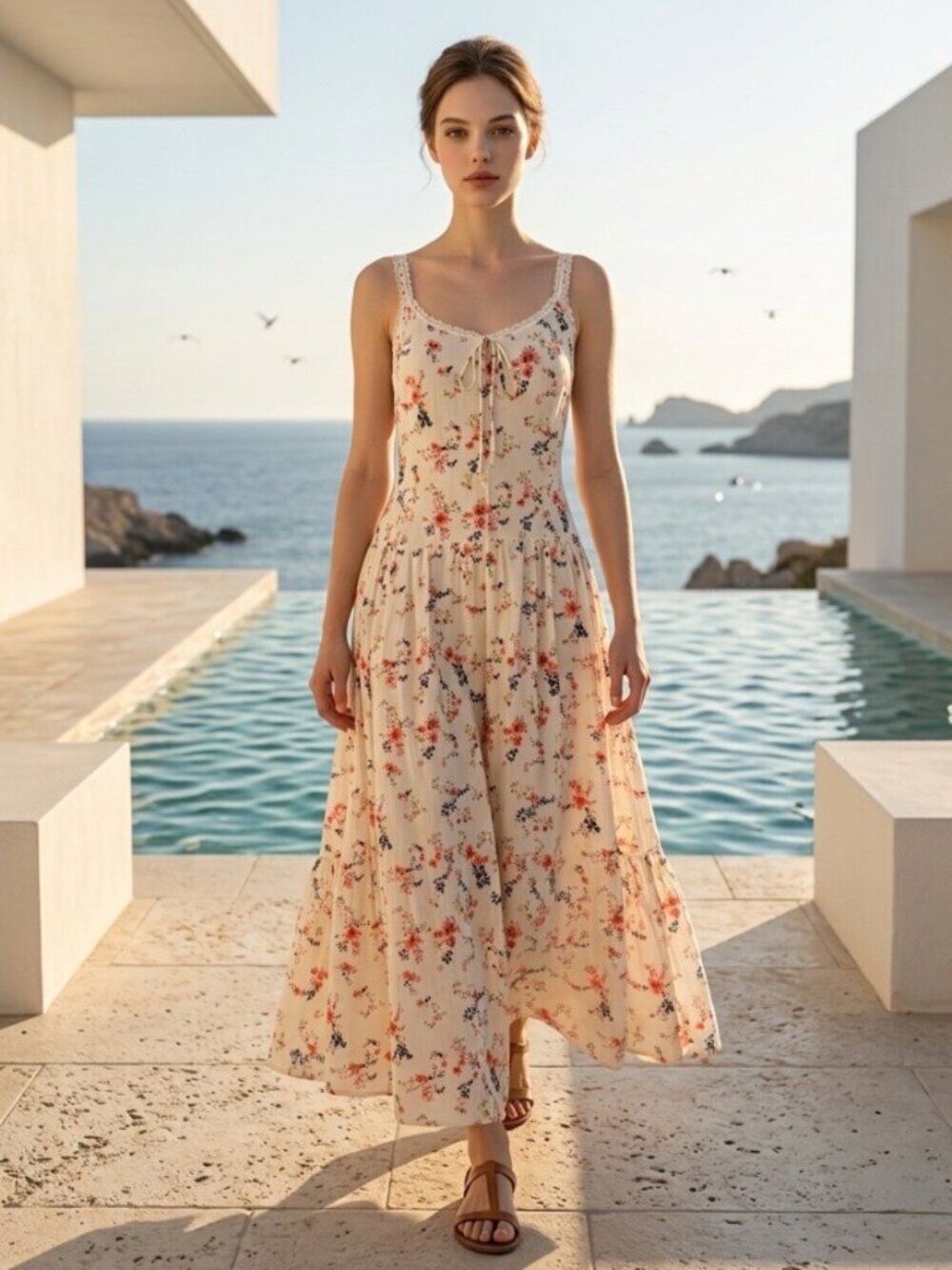 Caroline Constas Tuckernuck cotton cream floral midi dress size S